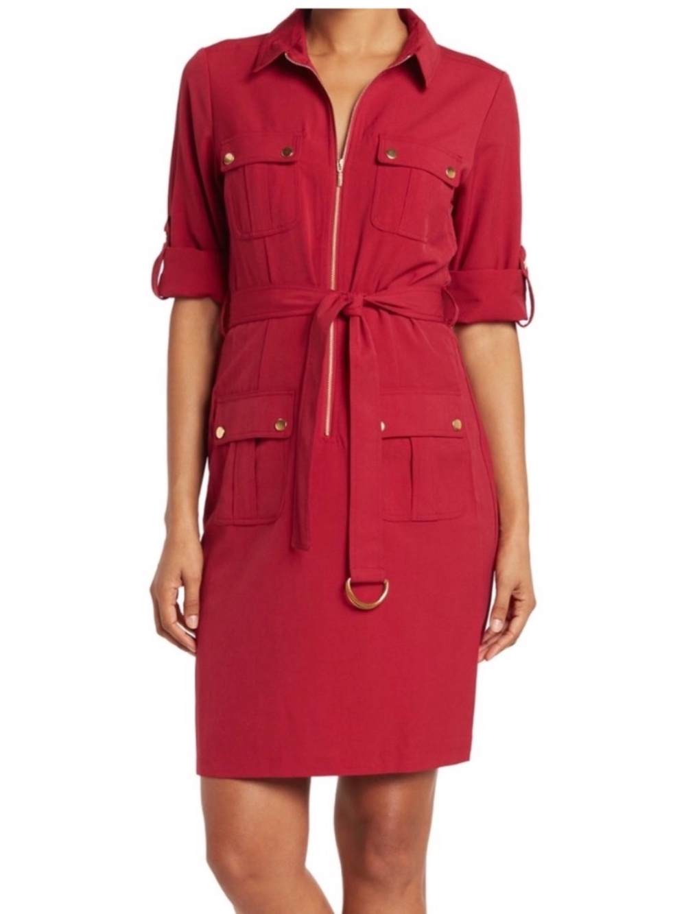 Sharagano Red Utility Shirt Dress with Belt
